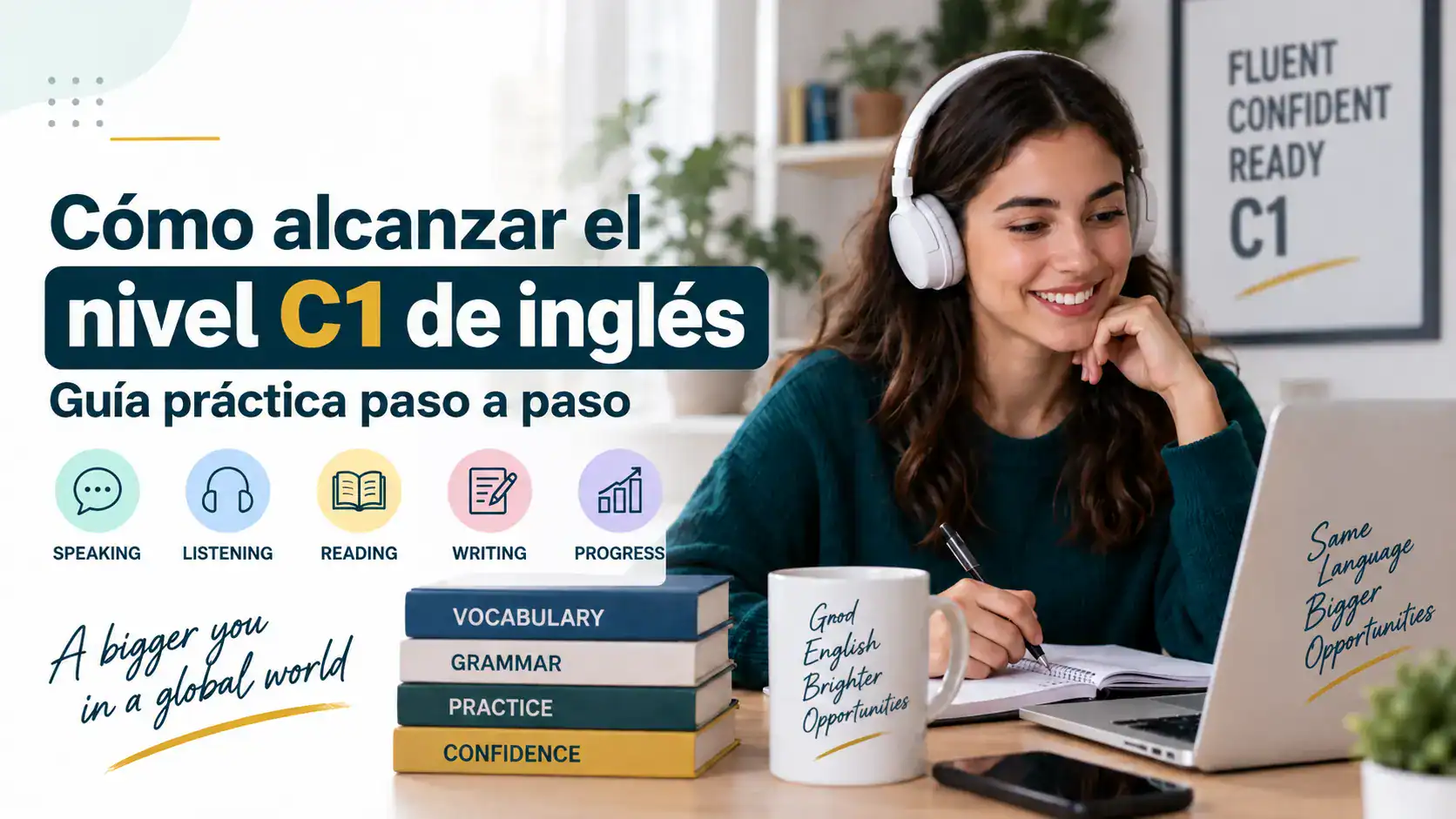 Estudiante aprendiendo cómo alcanzar el nivel C1 de inglés