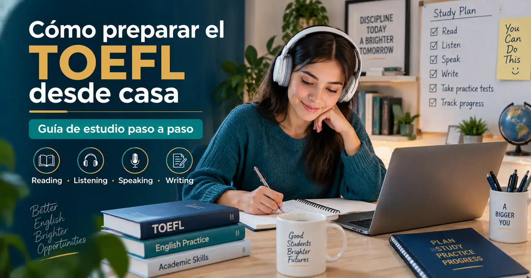 Estudiante preparando el TOEFL desde casa con un plan de estudio online